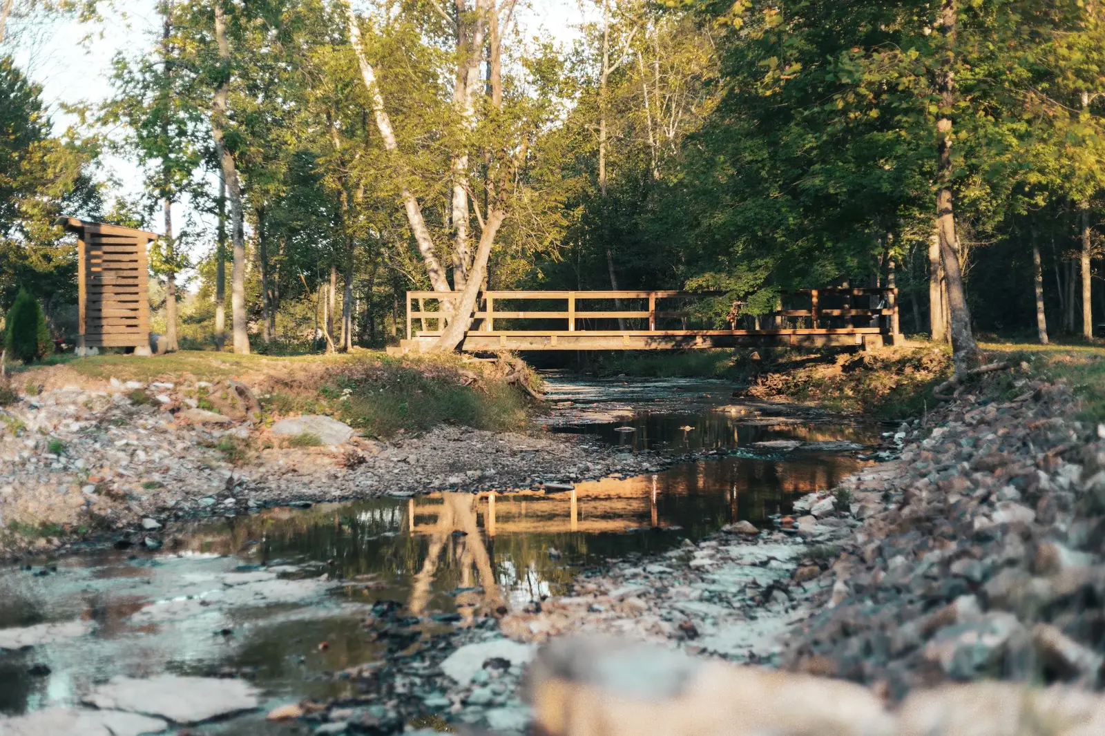 Creek bridge daytime with wooden railing